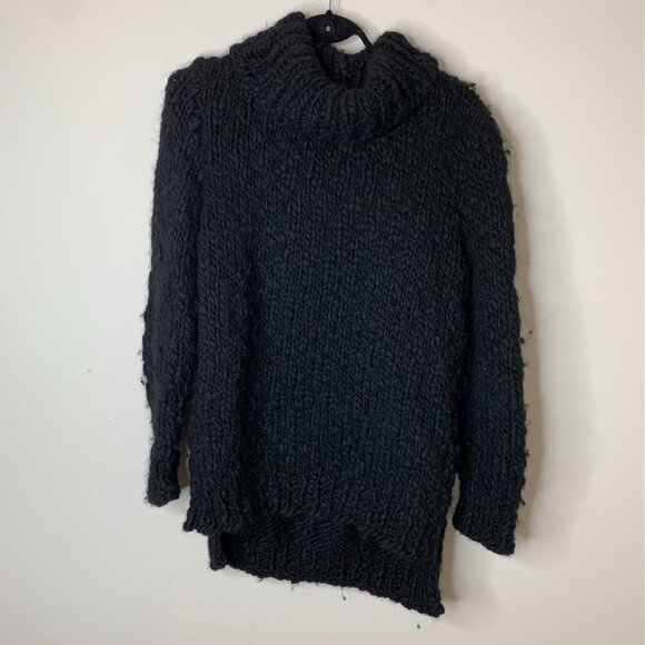 Women's Wolf & Cecil Merino Wool Chunky Knit Sweater Turtleneck Black Cutout - Picture 6 of 16